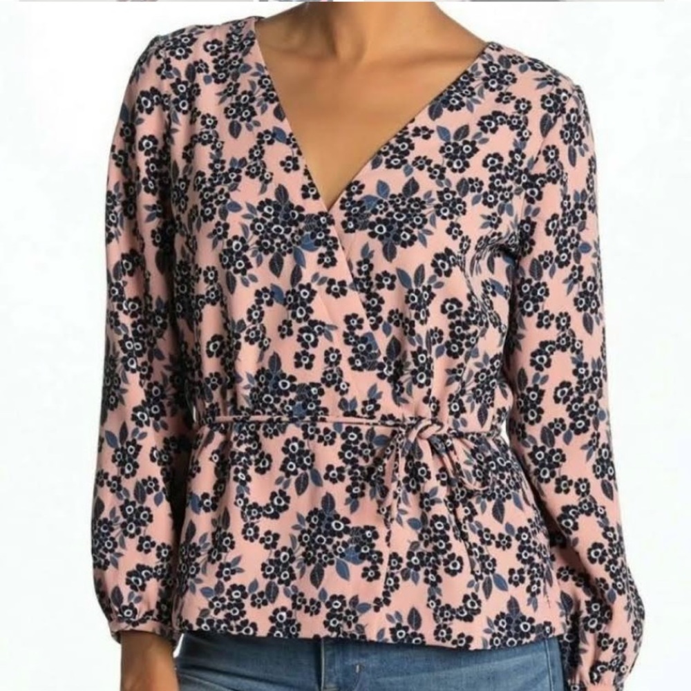 J Crew Navy Pink Floral Blouse Tie Waist